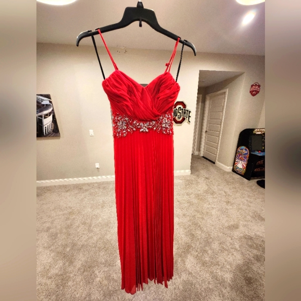 Beautiful bright red floor length silk prom dress.